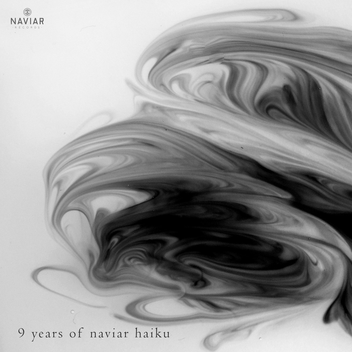 9 Years of Naviar Haiku album cover - black and white and grey ink swirl