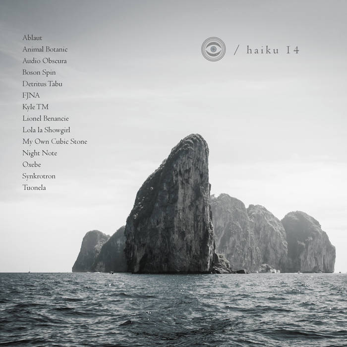 Haiku 14 album cover. The image contains a group of large rocks in the ocean.