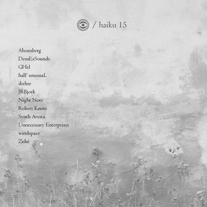 Haiku 15 album cover. A black and white photo, A black and white picture showing a small grass-like flower in the front, with a textured wall in the background.