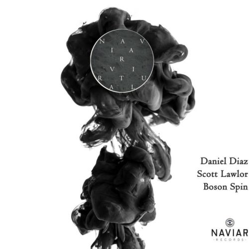 Naviar Virtual IV album cover. The image shows an abstract digital art, black color, with the music label name and three artists.