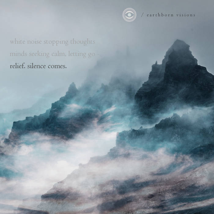 Relief.Silence Comes album cover. The image depicts a mountain surrounded by clouds, with a foggy landscape.